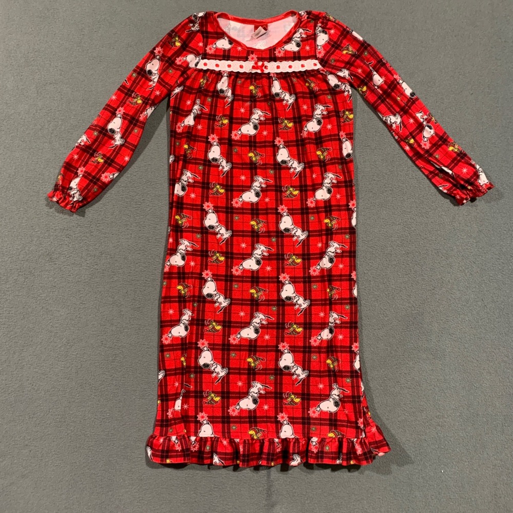 Peanuts Snoopy Red Plaid‎ Long Sleeve Girls's M Nightgown Pajamas Sleepwear